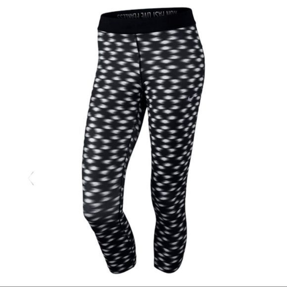 Nike Relay Dri-FIT Foldover Printed Capri Running Tights Black/White Siz…‎